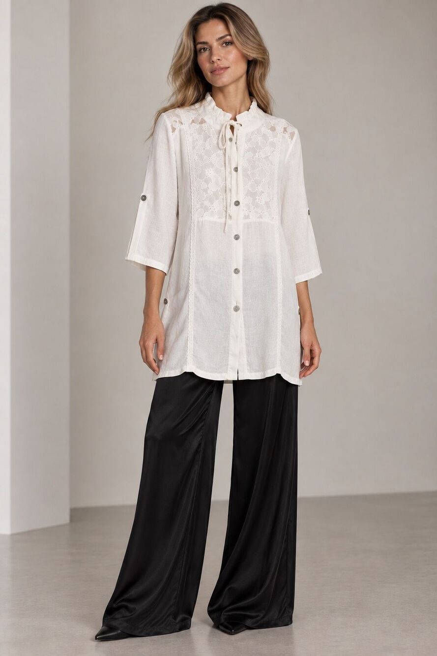 DRIVER Womens Size L White Linen Blend Lace Detail Long Tunic Blouse